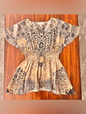 Dress Barn Blouse Bohemian Neutrals Cinch Waist Flutter Sleeves Womens S